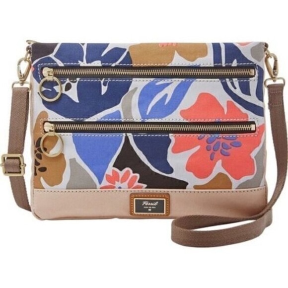 Fossil Vintage Inspired Adjustable Strap Purse peach tan gray pattern brass - Picture 1 of 15